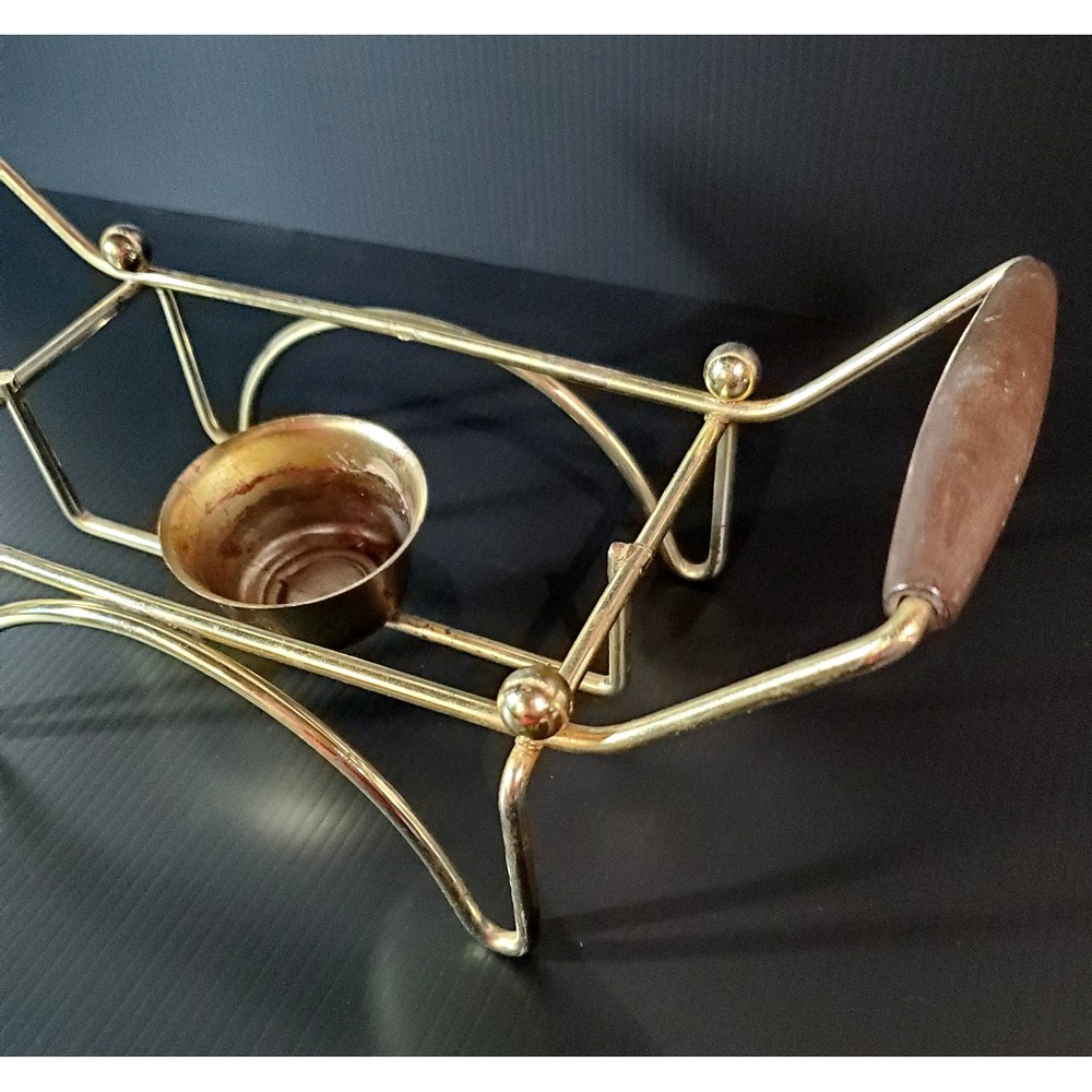 Vintage Mid Century Modern chafing stand metal w/ wood handles, warming stand - Picture 7 of 12